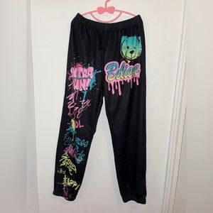 SHEIN Black Joggers with Neon Pink, Teal & Yellow Graphic Prints - Kids